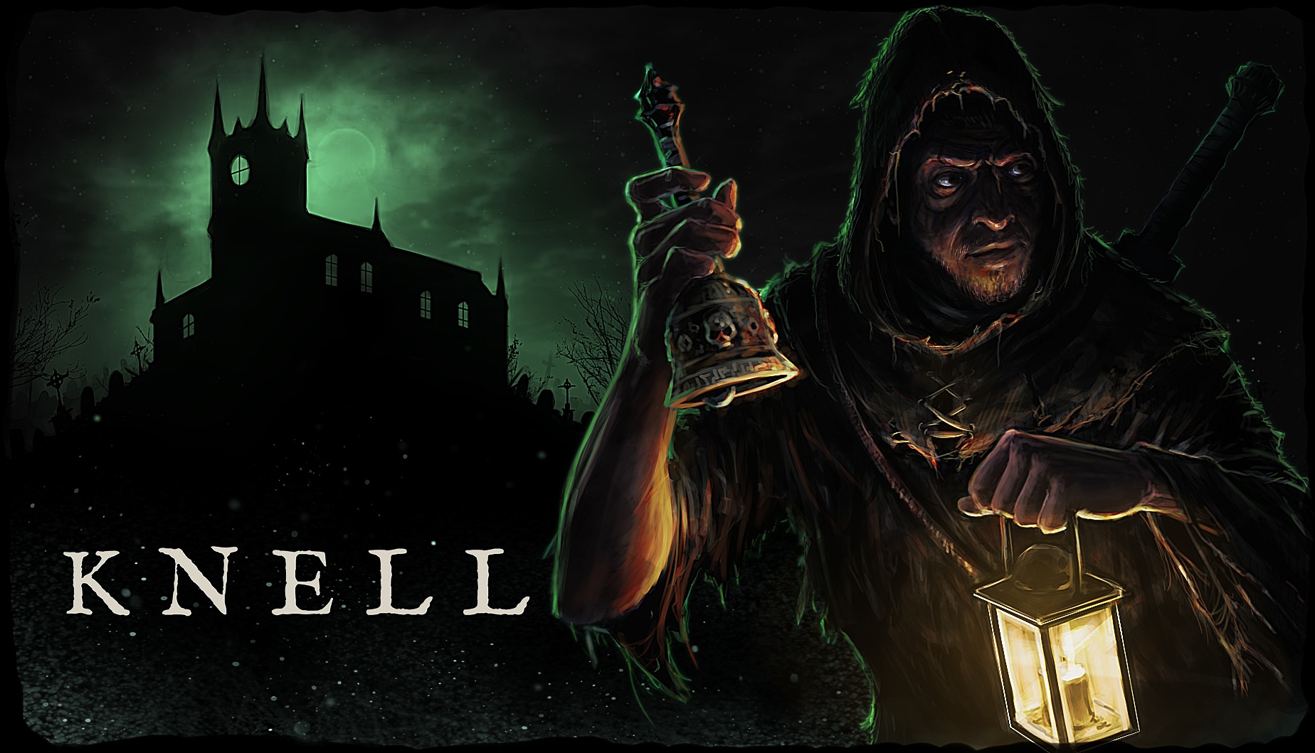 KNELL key art: the hooded keeper with bell and lantern before the church on the hill, with wordmark